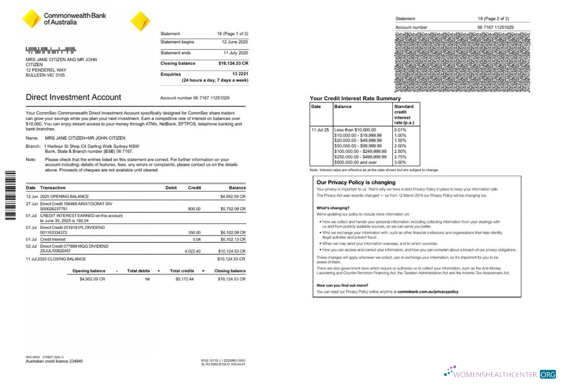 Download Australia Commonwealth account statement 2 pages Photoshop template